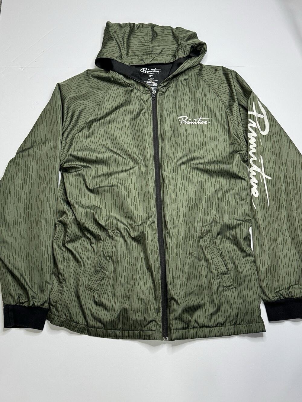 Primitive Skateboarding Windbreaker Jacket Mens L Green Hooded Full Zip Logo
